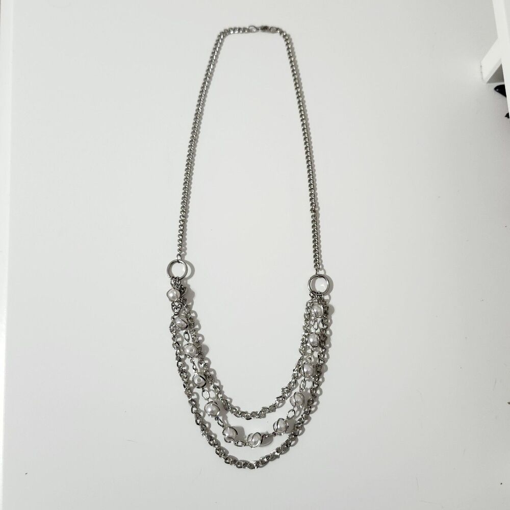 Multi Strand Layered Silver Tone Pearl Beaded Chain Ringlet Necklace Lobster